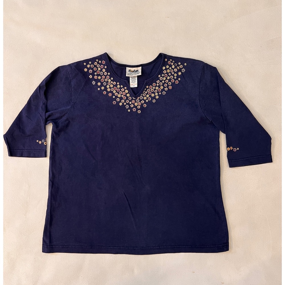 VTG Northern Reflections Navy Blue Floral V-Neck 3/4 Sleeve Top Women's Size L G